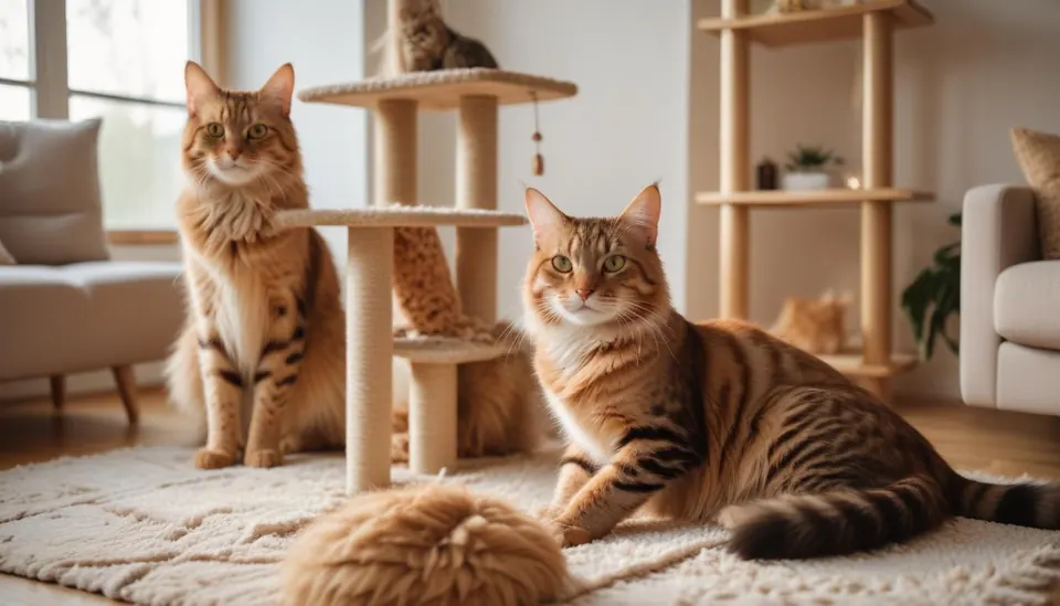 Dos gatos descansando junto a un árbol rascador en un salón luminoso