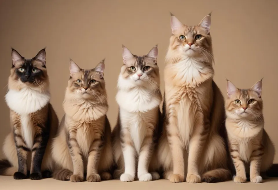 Varias razas de gatos sentadas en fila