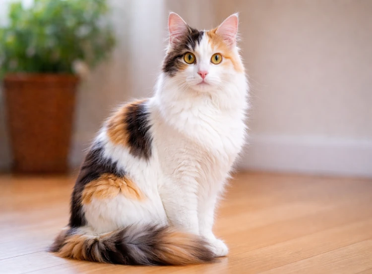 Angora Tricolor turco sobre madera posando