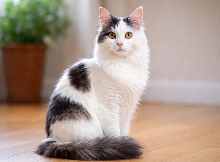 Gato Angora turco bicolor caracteristico pose con clase