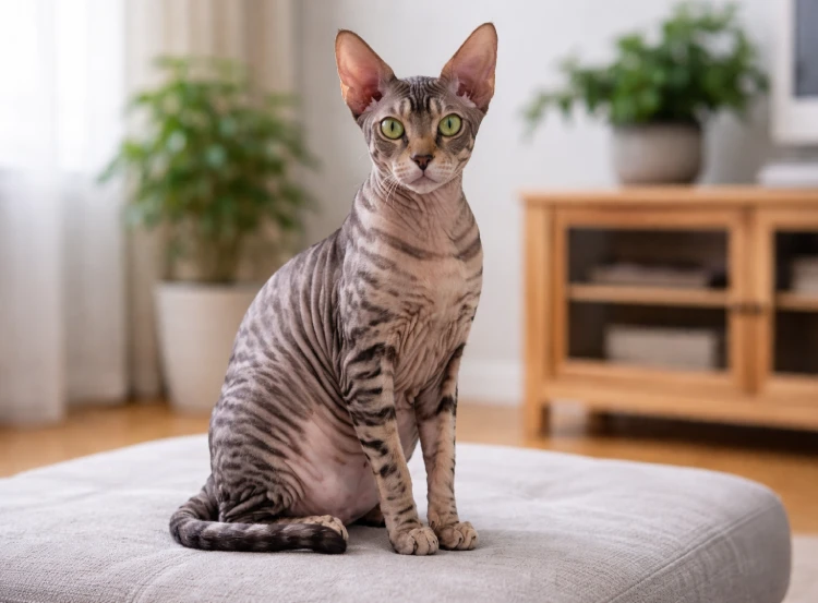 Gato Esfinge atrigrado posando arriba de un mueble