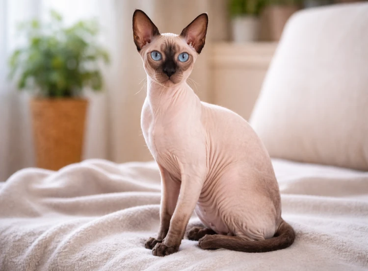 Gato Esfinge Color Point posando en el mueble