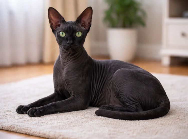 Gato Esfinge Negro arriba de un tapete