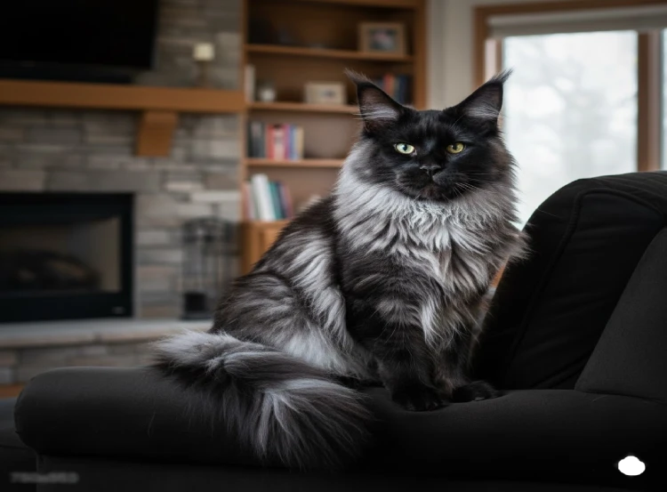 Gato Maine Coon Black Smokee en sillon negro con clase