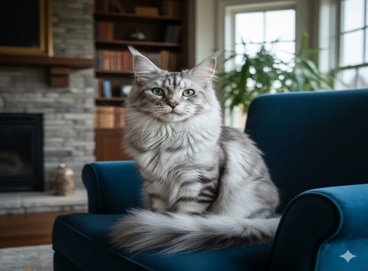 Gato maine Coon Silver en un sillon azul sesion fotos